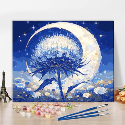 Erwachsene Mond Malen nach Zahlen Löwenzahn Blumen Malen nach Zahlen Kunstwerk Halbmond Malerei Kits Sternenhimmel Malen nach Zahlen Geschenke für Damen Wohnzimmer Dekoration 16x20 Zoll von ZOZHI