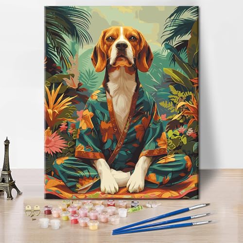 Labrador Malen nach Zahlen Tier Malerei Kunstsets Tropischer Wald Pflanzen Malen nach Zahlen Kunst DIY Blumengebinde Malen nach Zahlen Kunst für Herren Damen Wanddekoration 16x20 Zoll von ZOZHI