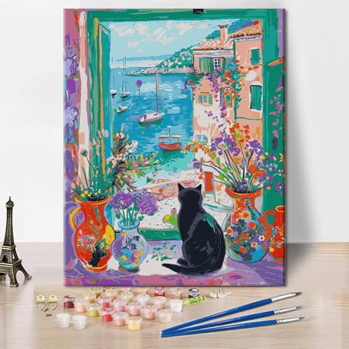 Malen nach Zahlen Set für Erwachsene Tiere Schwarze Katze Malen-nach-Zahlen DIY Küstenstadt Ölgemälde Wunderschöne Bunte Segelboote Blumen Landschaft Malerei Kunstwerk 16x20 Zoll Malen nach Zahlen Set für Erwachsene Tiere Schwarze Katze Malen-nach-Zahlen DIY Küstenstadt Ölgemälde Wunderschöne Bunte Segelboote Blumen Landschaft Malerei Kunstwerk 16x20 Zoll von ZOZHI