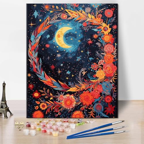 Mond Malen nach Zahlen Mond umgeben von Blumen Malerei Schwarzer Hintergrund Blumen Malerei auf Leinwand DIY Malen nach Zahlen für Erwachsene für Wohnzimmerdekoration 16x20 Zoll Mond Malen nach Zahlen Mond umgeben von Blumen Malerei Schwarzer Hintergrund Blumen Malerei auf Leinwand DIY Malen nach Zahlen für Erwachsene für Wohnzimmerdekoration 16x20 Zoll von ZOZHI