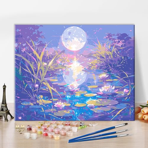 Mond Malen nach Zahlen für Erwachsene DIY Lotus-Teich Malen nach Zahlen Wassergras Malerei Kunstwerk Set 16x20 Zoll Malen nach Zahlen Geschenke Moderne Wandkunst Dekoration von ZOZHI