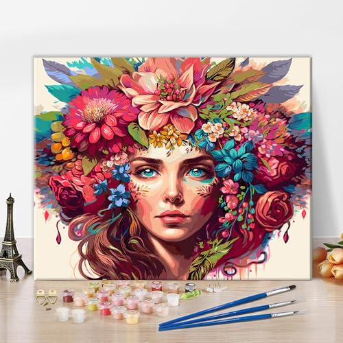 Schönes Malen nach Zahlen Mädchen mit Blumenhut Malkunst-Sets Hübsche Frau und Blumen-Kunst DIY Malen nach Zahlen für Erwachsene für Damen-Schlafzimmerdekoration 16x20 Zoll von ZOZHI