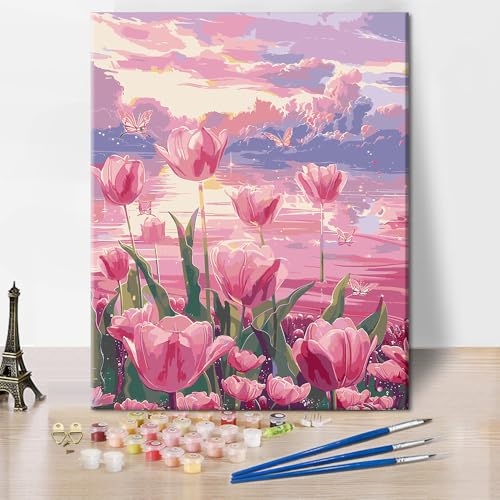 Tulpe Malen nach Zahlen für Erwachsene Einfache Blumen Malen nach Zahlen Kits DIY Ozean Schmetterling Blumen Malerei Kunstwerk Anfänger Malen nach Zahlen Mädchen Malerei Geschenk 16x20 Zoll von ZOZHI
