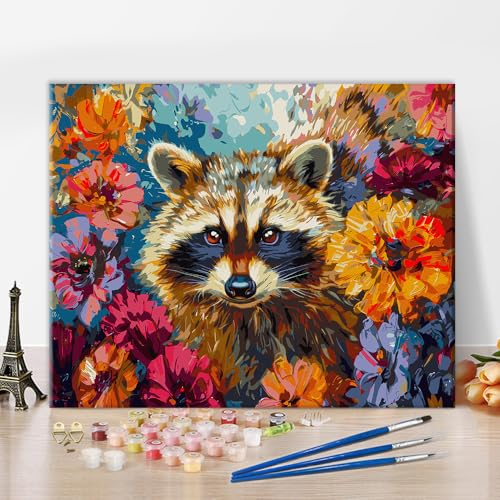 Waschbär Malen nach Zahlen für Erwachsene Bunte Tiere Malen nach Zahlen Kits Blumen Niedlicher Waschbär Malen nach Zahlen auf Leinwand DIY Tiere Waschbär Malen nach Zahlen 16x20 Zoll von ZOZHI