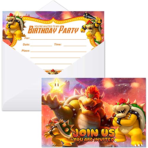 ZPLHBHX 16 Stück Bowser Geburtstagseinladungskarten mit Umschlägen für Mario-Themen-Geburtstagsparty, Happy Birthday-Party-Einladungen für Kinder, 15,2 x 10,2 cm, Postkarten-Stil von ZPLHBHX
