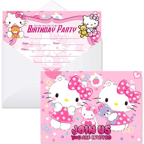 ZPLHBHX Geburtstagseinladungskarten mit Umschlägen, Kitty-Geburtstagsparty-Zubehör für Kinder, Party-Dekorationen, 16 Stück von ZPLHBHX