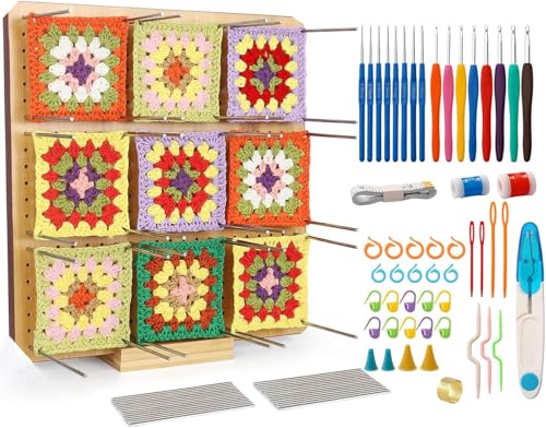ZPPLD Häkel Blockierbrett Groß,Sperrbrett für Granny Square 28cm,72pcs Handcrafted Wooden Blocking Board Häkeln,Wooden Blockierbretter mit 20 Edelstahl Stabstiften für Häkel-Strickprojekte (1) von ZPPLD