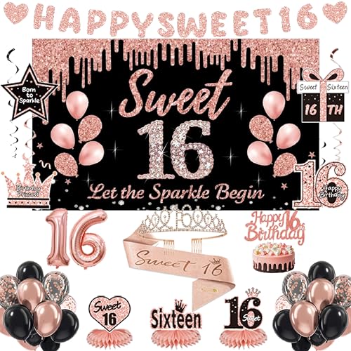 Sweet 16 Party Dekorationen für Mädchen, Schwarz Rose Gold 16 Geburtstag Dekor Set mit Krone, Schärpe, Happy Sweet 16 Banner, Hintergrund, Tortenaufsatz, Luftballons, hängende Wirbel Sweet 16 Party Dekorationen für Mädchen, Schwarz Rose Gold 16 Geburtstag Dekor Set mit Krone, Schärpe, Happy Sweet 16 Banner, Hintergrund, Tortenaufsatz, Luftballons, hängende Wirbel von ZPPMZQR