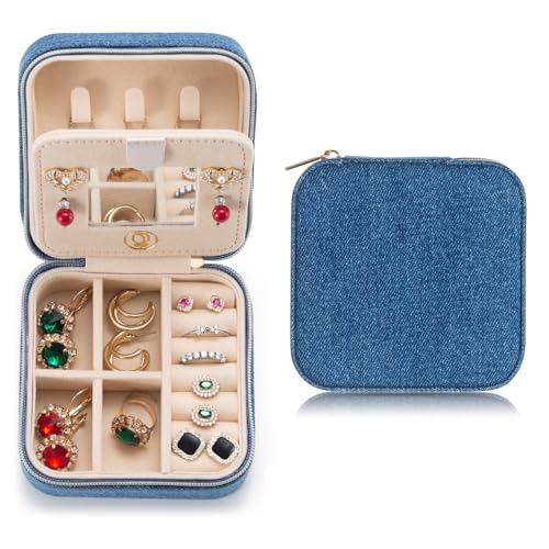 ZPROW Denim-Reise-Schmuckkoffer, Reise-Schmuck-Organizer, Reise-Schmuckschatulle, kleines Schmuckkästchen, Schmuck-Reise-Box, Ohrring-Organizer mit Spiegel, Dunkelblau ZPROW Denim-Reise-Schmuckkoffer, Reise-Schmuck-Organizer, Reise-Schmuckschatulle, kleines Schmuckkästchen, Schmuck-Reise-Box, Ohrring-Organizer mit Spiegel, Dunkelblau von ZPROW