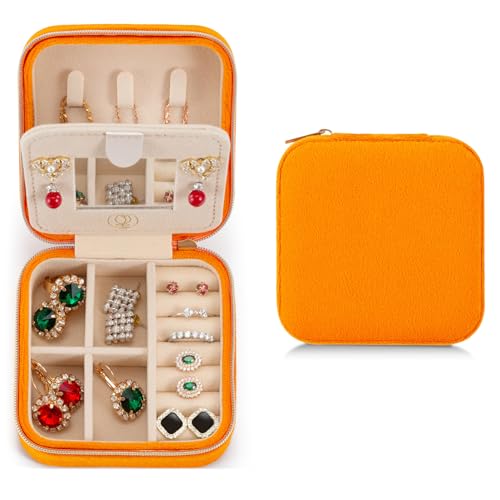 ZPROW Reise-Schmuckkästchen aus Plüschsamt, Reise-Schmuck-Organizer, Reise-Schmuckschatulle, kleines Schmuckkästchen, Schmuck-Reise-Box, Ohrring-Organizer mit Spiegel, Orange von ZPROW