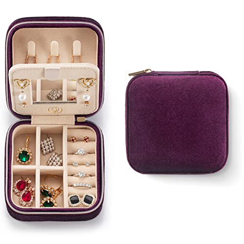 ZPROW Reise-Schmuckkoffer aus Plüschsamt, Reise-Schmuck-Organizer, Reise-Schmuckschatulle, kleines Schmuckkästchen für Damen, Schmuck-Reise-Box, Ohrring-Organizer mit Spiegel, Violett von ZPROW