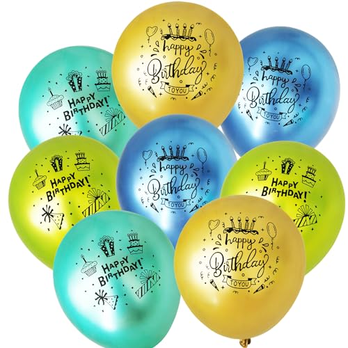 Happy Birthday Metallic Luftballons,30 PCS Blau Grün Gelb Metallic Printed Luftballons Geburtstag Ballons Party Deko, Ballons Geburtstag für Männer Frauen Kinder Geburtstagspartys von ZQBB