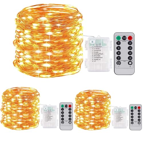 ZQX LED Lichterkette mit Batterie, 3 Stück 10M/32ft 100LED Lichterkette mit Timer, 8 Modi DIY Batterielichterkette mit Fernbedienung für Party Hochzeit Weihnachten Innen Aussen Deko - Warmes Weiß von ZQX