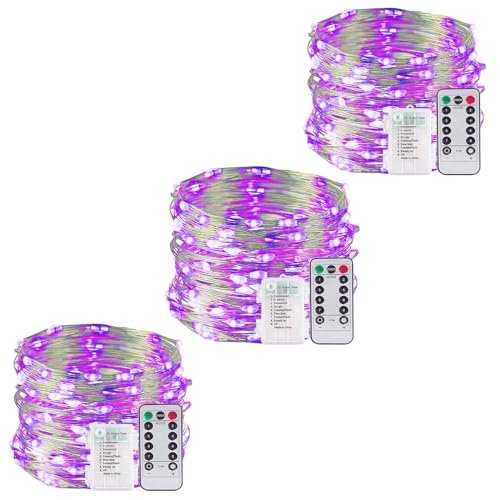 ZQX Lichterkette Batterie, 3 Stück 10M/32ft 100LED Lichterkette mit Timer, 8 Modi DIY Batterielichterkette mit Fernbedienung für Party Hochzeit Weihnachten Innen Aussen Deko - Lila von ZQX