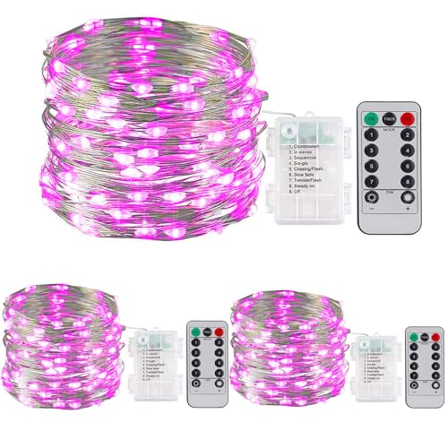 ZQX Lichterkette Batterie, 3 Stück 10M/32ft 100LED Lichterkette mit Timer, 8 Modi DIY Batterielichterkette mit Fernbedienung für Party Hochzeit Weihnachten Innen Aussen Deko - Rosa von ZQX