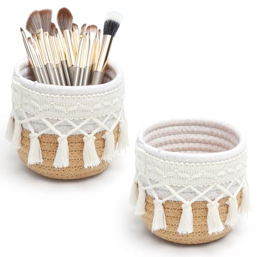 2 Stück Boho Pinselhalter Korb - Geflochtene Körbchen für Schminktisch Organizer und Kosmetik, mit 15-teiliger Make-up Bürsten Set - Pinselhalter Kosmetik ideal für kleine Körbchen im Badezimmer und a von ZRUEWOT
