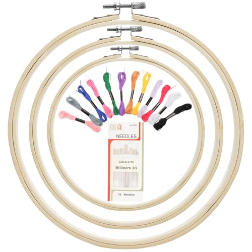 3 Stück Stickrahmen Holz Bambus Stickrahmen 10/15/18cm Stickrahmens Set Embroidery Hoop Bambus Embroidery Hoop mit 1 Schachtel Nadeln + 12 Farben Stickgarn für Diy Kreuzstich, Stickerei, Kunsthandwerk von ZRUEWOT