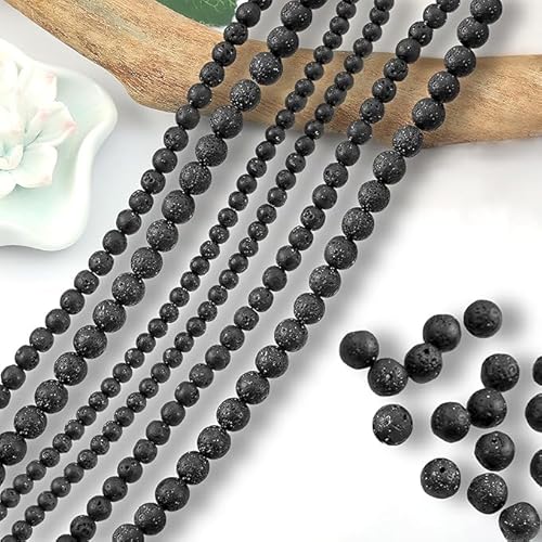Schwarze Lavaperlen 420pcs Naturstein Perlen Glücks Runde Steinperlen Lavastein Vulkanstein Lava Perlen zum Auffädeln mit Loch für Armbänder Ketten DIY Schmuck Basteln (4mm 6mm 8mm mix) von ZRUEWOT