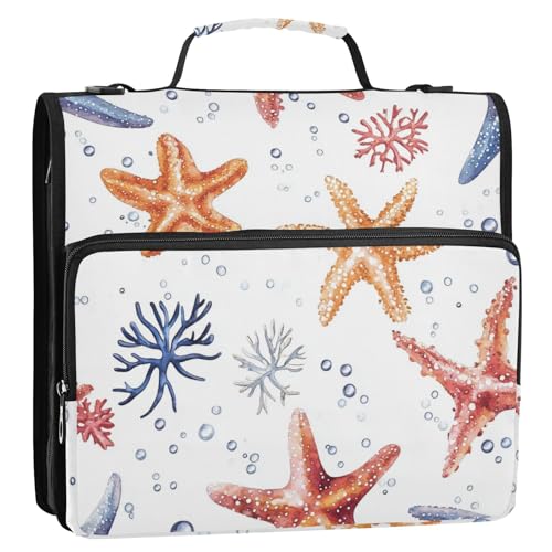 Art Sea Star Ringbuch mit 3 Ringen, Reißverschluss, mehrere Taschen, tragbar, Portfolio für Schule und Büro, 3,8 cm, Weiß von ZRWLUCKY