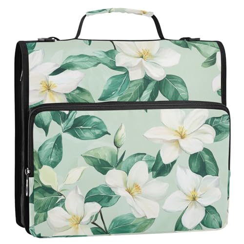 Beauty-Blumen-Mappe mit 3 Ringen, 3 Ringe, robust, mit Griff, wasserdicht, mit Reißverschluss, geeignet für Mittelschule, Grün und Weiß, 3,8 cm von ZRWLUCKY