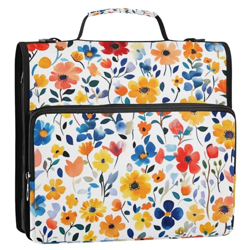 Beauty Flowers Ringbuch mit 3 Ringen, Reißverschluss, mit Griff und abnehmbarem Schultergurt, mehrere Taschen, Portfolio-Ordner für Schule und Büro, Blau von ZRWLUCKY