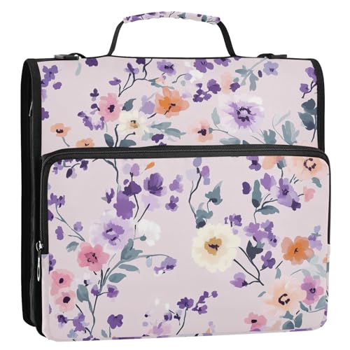 Beauty Flowers Ringbuch mit 3 Ringen, rustikal, mit extra Taschen und Riemen, wasserdicht, für die Schule, Violett von ZRWLUCKY