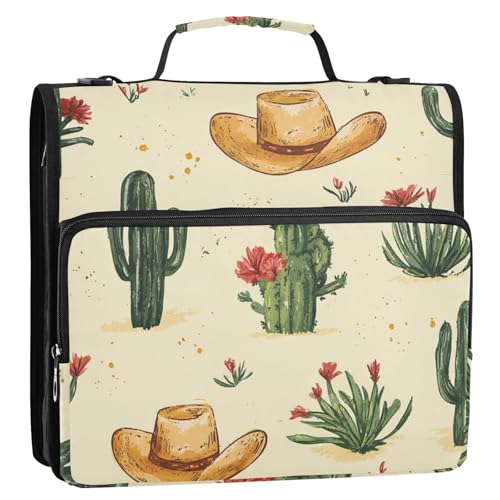 Boho-Kaktus und Hut, gelbes Ringbuch mit 3 Ringen, mit Schultergurt und Griff, mehrere Taschen, tragbar, für Zuhause, Reisen, sichere Aufbewahrungstasche für Büro, Schule von ZRWLUCKY