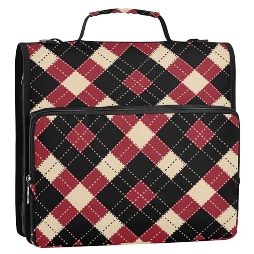 Büroordner mit 3 Ringen, kariertes Muster, schwarz und rot, Büroordner mit Gurt, mehrere Taschen, Dokumentenmappe, Organizer für Schule/Büro Büroordner mit 3 Ringen, kariertes Muster, schwarz und rot, Büroordner mit Gurt, mehrere Taschen, Dokumentenmappe, Organizer für Schule/Büro von ZRWLUCKY