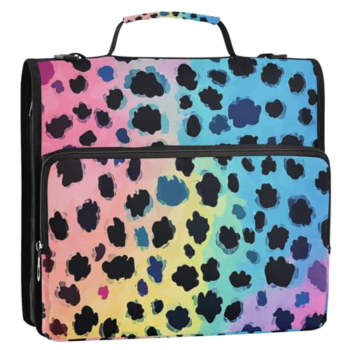 Bunter Leopardenmuster, klein, 3,8 cm, 3 Ringe, stabiler Reißverschluss, mit Schultergurt, mehrere Taschen, Dokumentenmappe, Organizer für Schule und Büro Bunter Leopardenmuster, klein, 3,8 cm, 3 Ringe, stabiler Reißverschluss, mit Schultergurt, mehrere Taschen, Dokumentenmappe, Organizer für Schule und Büro von ZRWLUCKY