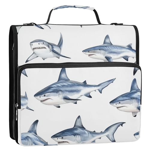 Cartoon-Organizer mit lustigem blauem Fisch, weiß, 3,8 cm, 3 Ringe, Organizer mit Griff, mehrere Taschen, Dokumentenmappe, Organizer, geeignet für Mittelschule von ZRWLUCKY