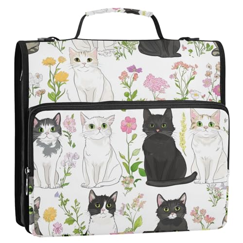 Curl Cats Garden Aktenordner mit 3 Ringen, Reißverschluss, mit Schultergurt und Griff, inklusive Reißverschlusstasche, Dokumenten-Organizer, geeignet für Mittelschule, Weiß von ZRWLUCKY
