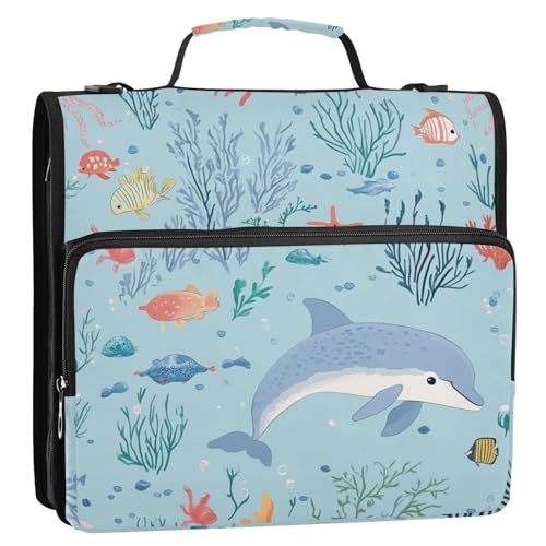 Delfin-Ordner mit 3 Ringen, Reißverschluss, mit Schultergurt, mehrere Taschen, Dokumentenmappe, Organizer für Schule/Büro, Hellblau Delfin-Ordner mit 3 Ringen, Reißverschluss, mit Schultergurt, mehrere Taschen, Dokumentenmappe, Organizer für Schule/Büro, Hellblau von ZRWLUCKY