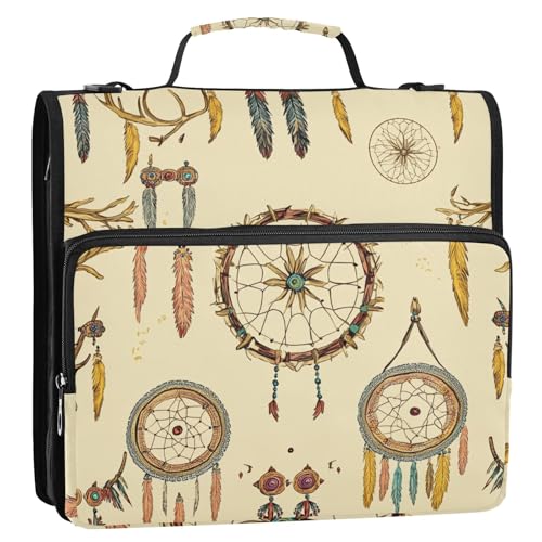 Dream Catchers Boho Beige 3,8 cm 3 Ringe Organizer Ordner mit Griff und abnehmbarem Schultergurt, mehrere Taschen, Dokumentenmappe, Organizer für Mittelschule von ZRWLUCKY