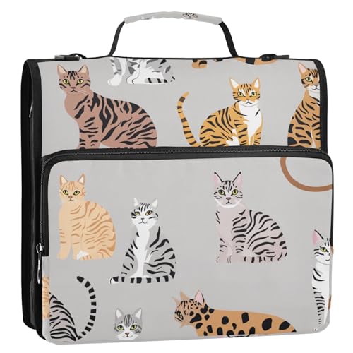 Funny Bengalcats Aktenordner mit 3 Ringen, Reißverschluss, mit Griff und abnehmbarem Schultergurt, 3,8 cm, Grau, Schulbedarf, Organizer für Mittelschüler von ZRWLUCKY