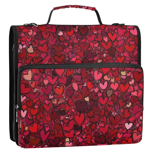 Heart Love Dokumentenmappe mit 3 Ringen, Reißverschluss, mit Schultergurt und Griff, mehrere Taschen, Dokumentenmappe, Organizer für Büro, Schule, Rot von ZRWLUCKY