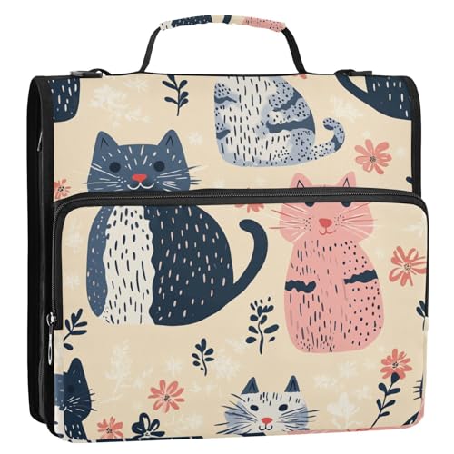 Mappe mit niedlichem abstraktem Katzenmotiv, 3 Ringe, stabiler Reißverschluss, mit Griff, mehrere Taschen, geeignet für die Mittelschule, Beige von ZRWLUCKY