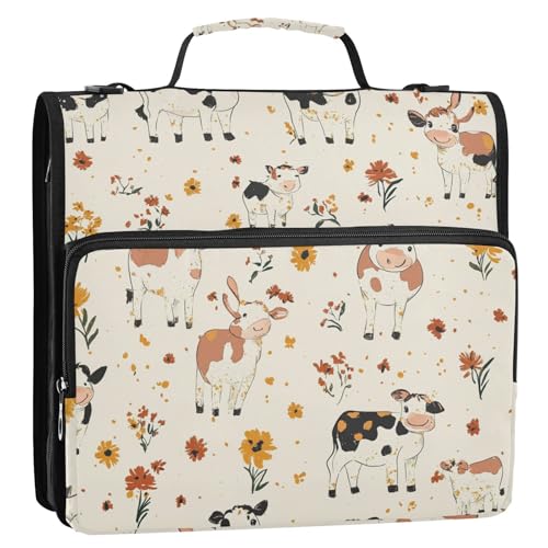 Mappe mit süßem Kuh und Blume, 3 Ringe, Reißverschluss, mit Griff, mehrere Taschen, Reißverschluss, für die Schule, Beige von ZRWLUCKY
