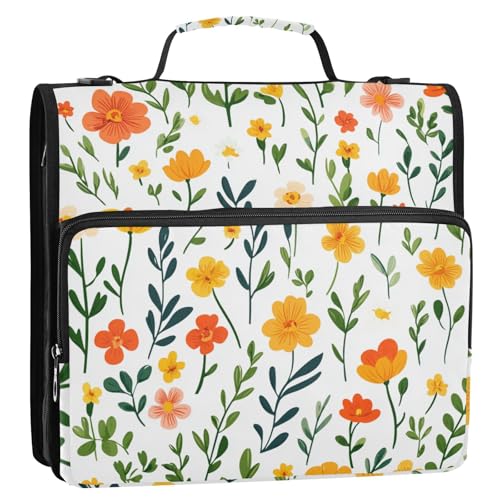 Ordner mit 3 Ringen, Blumenmuster in Orange und Gelb, mit extra Taschen mit Griff und abnehmbarem Schultergurt, Dokumentenmappe mit mehreren Taschen, Organizer für Schule/Büro Ordner mit 3 Ringen, Blumenmuster in Orange und Gelb, mit extra Taschen mit Griff und abnehmbarem Schultergurt, Dokumentenmappe mit mehreren Taschen, Organizer für Schule/Büro von ZRWLUCKY