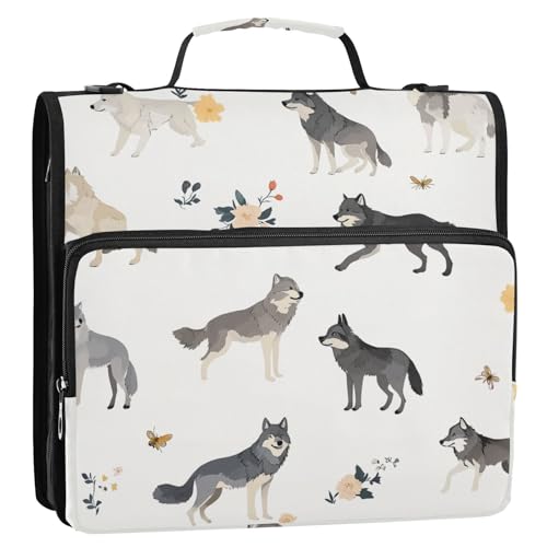 Organizer mit 3 Ringen, Cartoon-Wolf, mit Griff und abnehmbarem Schultergurt, mehrere Taschen, Dokumentenmappe, Organizer für Büro, Schule, Weiß Organizer mit 3 Ringen, Cartoon-Wolf, mit Griff und abnehmbarem Schultergurt, mehrere Taschen, Dokumentenmappe, Organizer für Büro, Schule, Weiß von ZRWLUCKY