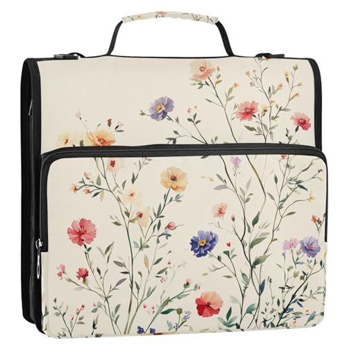 Retro-Blumenmuster, 3,8 cm, 3 Ringe, Reißverschluss, Ordner mit Schultergurt und Griff, mehrere Taschen, Dokumentenmappe für die Schule, Beige Retro-Blumenmuster, 3,8 cm, 3 Ringe, Reißverschluss, Ordner mit Schultergurt und Griff, mehrere Taschen, Dokumentenmappe für die Schule, Beige von ZRWLUCKY