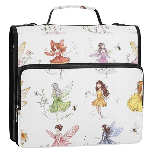 Sweet Fairy Ringbuch mit 3 Ringen, Reißverschluss, mit Griff, mehrere Taschen, Schulbedarf, Organizer, geeignet für Mittelschule, Weiß, 3,8 cm von ZRWLUCKY