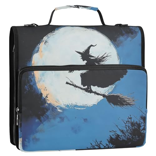 Witch and Moon Ringbuch mit 3 Ringen, Reißverschluss, Organizer mit Griff, inklusive Reißverschlusstasche, Portfolio-Ordner für die Mittelschule, 3,8 cm, Blau von ZRWLUCKY