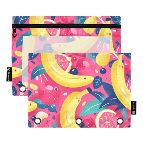 ZRWLUCKY Banana and Leaf 3-Ring-Ordner mit großem Fassungsvermögen, Federmäppchen, 2 Stück, transparente Aktenordner für Büro, Zuhause, Aufbewahrungstasche mit Reißverschluss von ZRWLUCKY