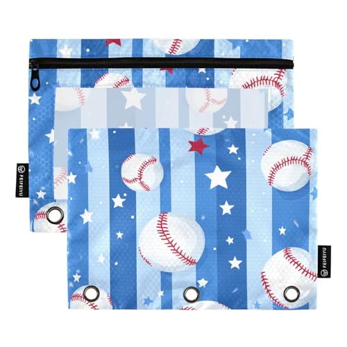 ZRWLUCKY Baseball- und Sternstreifen-Ordner mit 3 Ringen, großes Fassungsvermögen, Federmäppchen, 2 Stück, transparente Aktenordner für Büro, Zuhause, Aufbewahrungstasche mit Reißverschluss von ZRWLUCKY