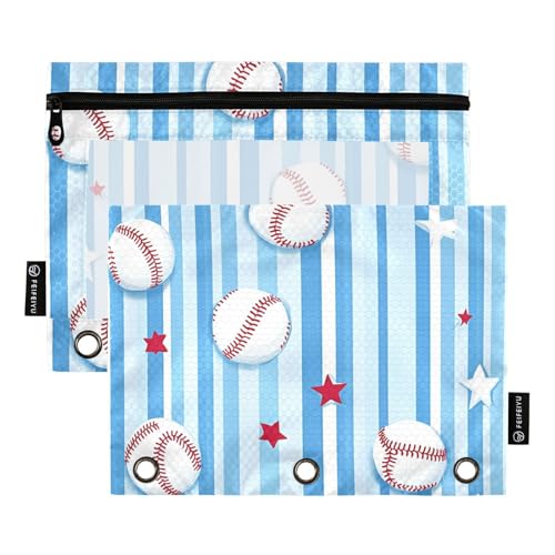 ZRWLUCKY Baseball- und Streifen-Ordner mit 3 Ringen, großes Fassungsvermögen, Federmäppchen, 2 Stück, transparente Aktenordner für Büro, Zuhause, Aufbewahrungstasche mit Reißverschluss von ZRWLUCKY