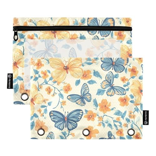 ZRWLUCKY Butterflys and Flowers Gelbe 3-Ring-Ordner mit großem Fassungsvermögen, Federmäppchen, 2 Stück, transparente Aktenordner für Büro, Zuhause, Aufbewahrungstasche mit Reißverschluss von ZRWLUCKY