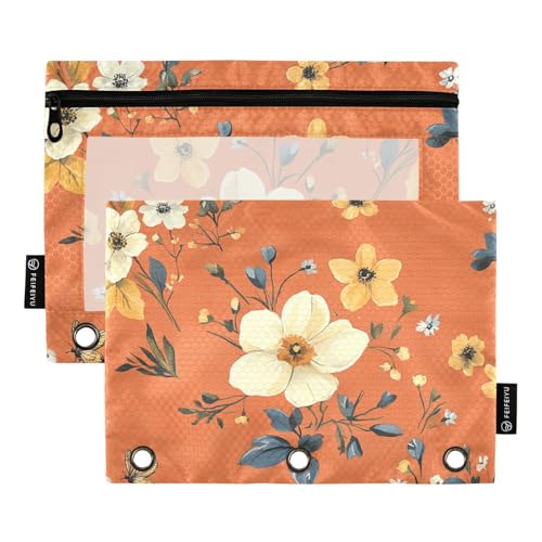 ZRWLUCKY Fall-Ordner mit kleinen Blumen, Terrakotta, 3 Ringe, großes Fassungsvermögen, Federmäppchen, 2 Stück, transparente Aktenordner für Büro, Zuhause, Aufbewahrungstasche mit Reißverschluss von ZRWLUCKY