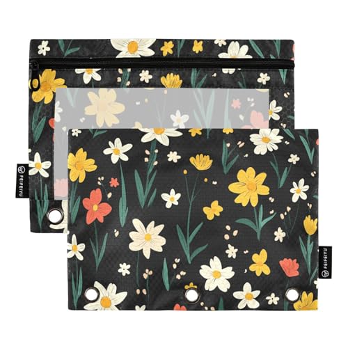 ZRWLUCKY Federmäppchen, kleine Blumen, 3 Ringe, großes Fassungsvermögen, 2 transparente Aktenordner für Büro, Zuhause, Aufbewahrungstasche mit Reißverschluss, Orange und Weiß von ZRWLUCKY