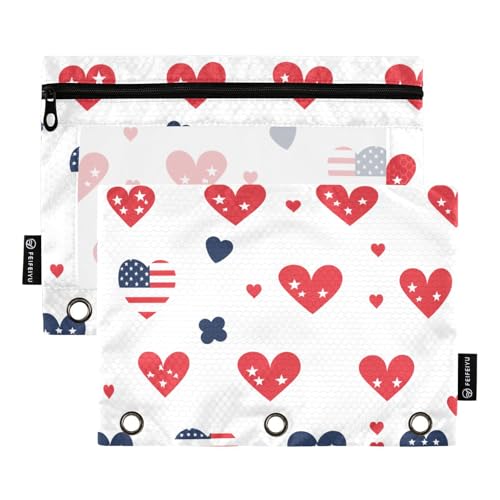 ZRWLUCKY Federmäppchen mit 3 Ringen, Herz-Design, 2 transparente Aktenordner für Büro, Zuhause, Aufbewahrungstasche mit Reißverschluss, Weiß und Rot von ZRWLUCKY
