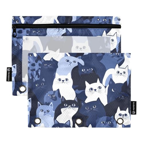 ZRWLUCKY Federmäppchen mit 3 Ringen, Motiv: Katzen, Marineblau und Weiß, 2 transparente Aktenordner für Büro, Zuhause, Aufbewahrungstasche mit Reißverschluss von ZRWLUCKY